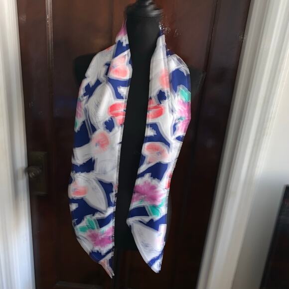 White and Multicolor Watercolor Flowers Euro Summer Oblong Scarf Symphony Scarfs - Picture 5 of 12